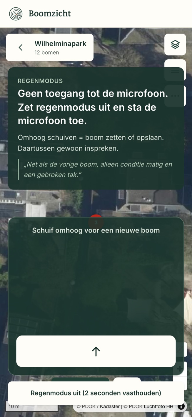 De regenmodus met een ingesproken controlezin in beeld