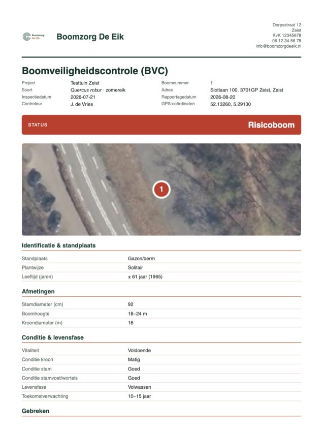 Eerste pagina van een boomveiligheidsrapport uit de app, met logo, status en kaartuitsnede